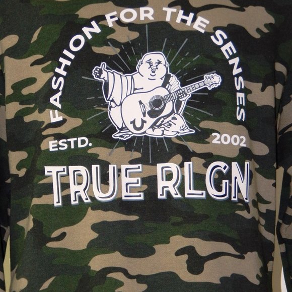 NWT MEN'S TRUE RELIGION BUDDHA Graphic Premium Fleece Sweatshirt Green Camo XXL - Picture 3 of 6
